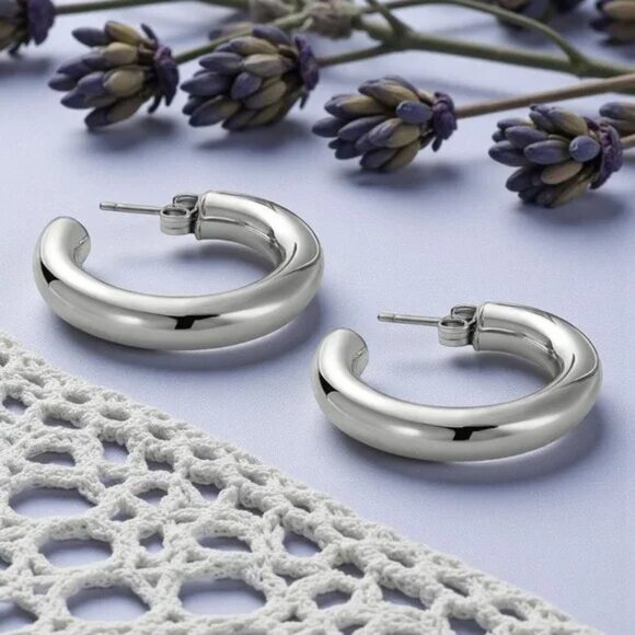 Chunky C Hoop Earrings 18K White Gold Plated Stainless Steel Minimalist - Picture 15 of 15